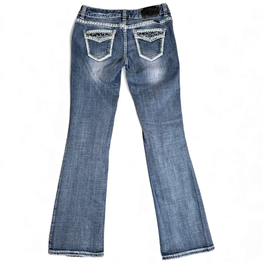Rock & Roll Cowgirl Bootcut Jeans Womens 28x34 Blue Denim Beaded Pockets Outdoor
